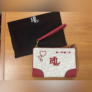 LAUREN RALPH LAUREN HEART LOGO CATCH-ALL POUCH CLUTCH Wristlet Beige Red